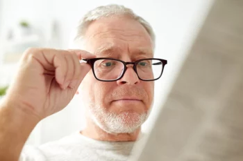 middle aged man using glasses to read newspaper